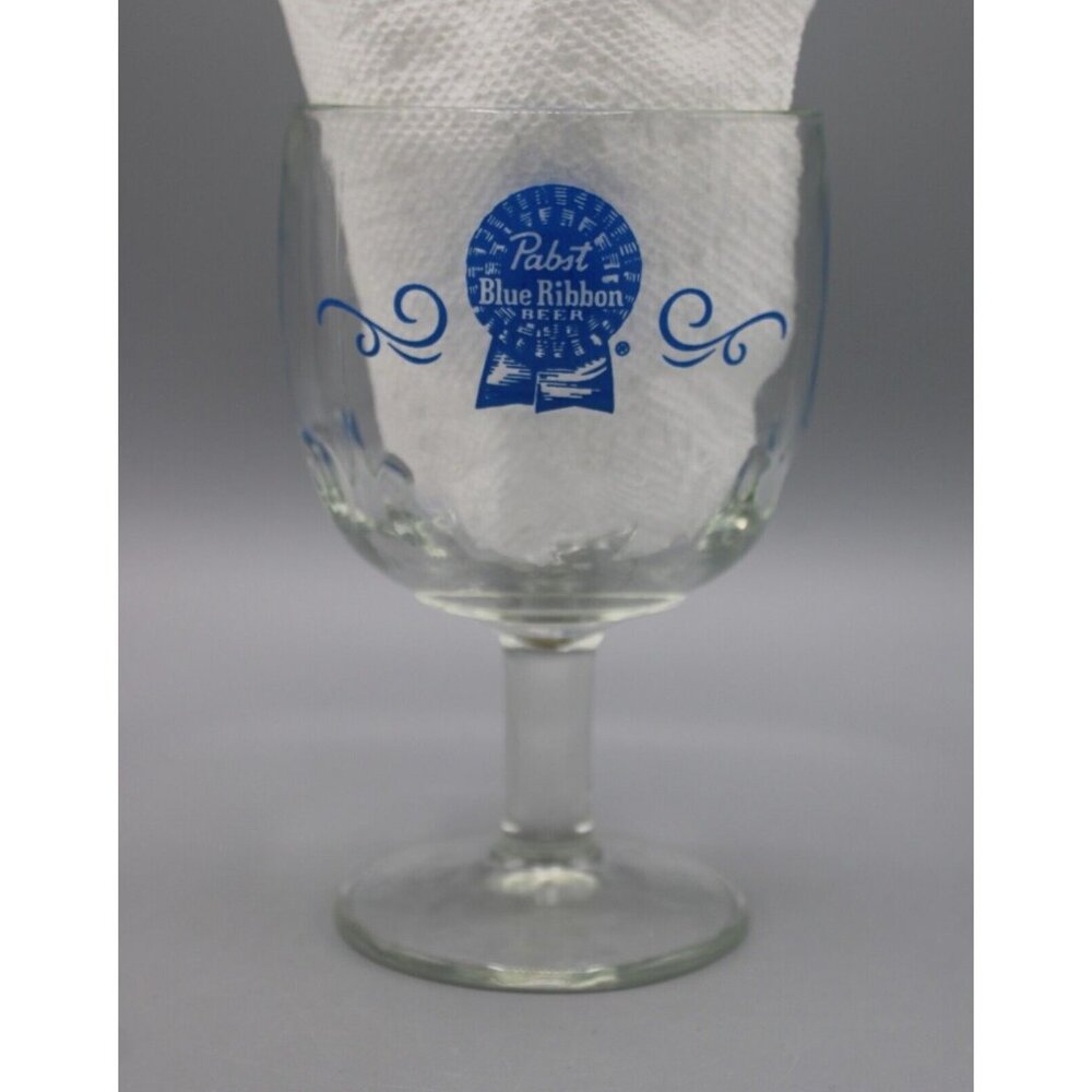 Vtg Pabst Blue Ribbon Beer Stemmed Thumbprint Goblet Heavy Glass 6" Tall 16 Oz